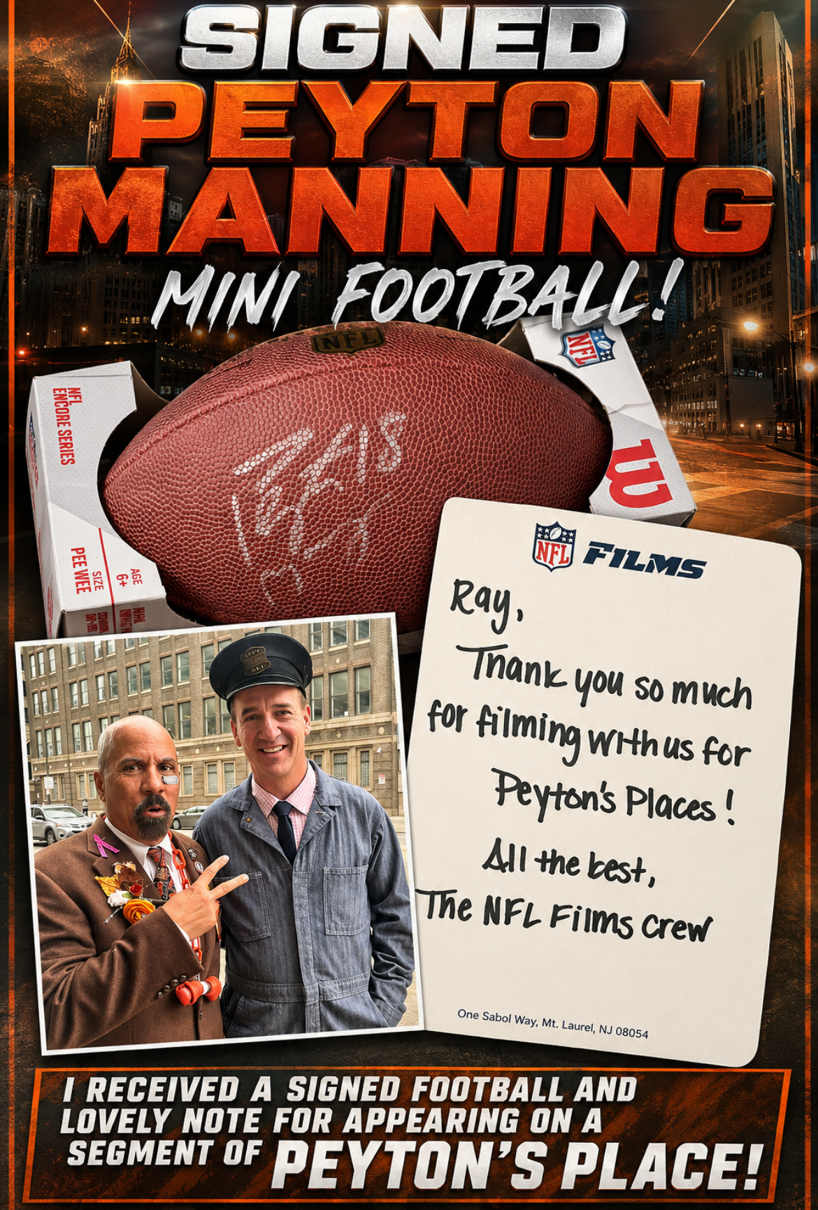 Signed Peyton Manning Mini Football — 'Peyton's Places' Provenance
